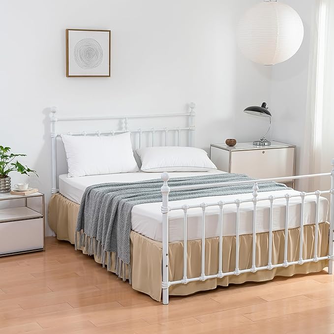 Bed Skirt King Size Ruffled Bed Skirts with Split Corners, 16 Inch Drop Dust Ruffle Bed Skirt with Platform, King,16 Inch, Light Camel