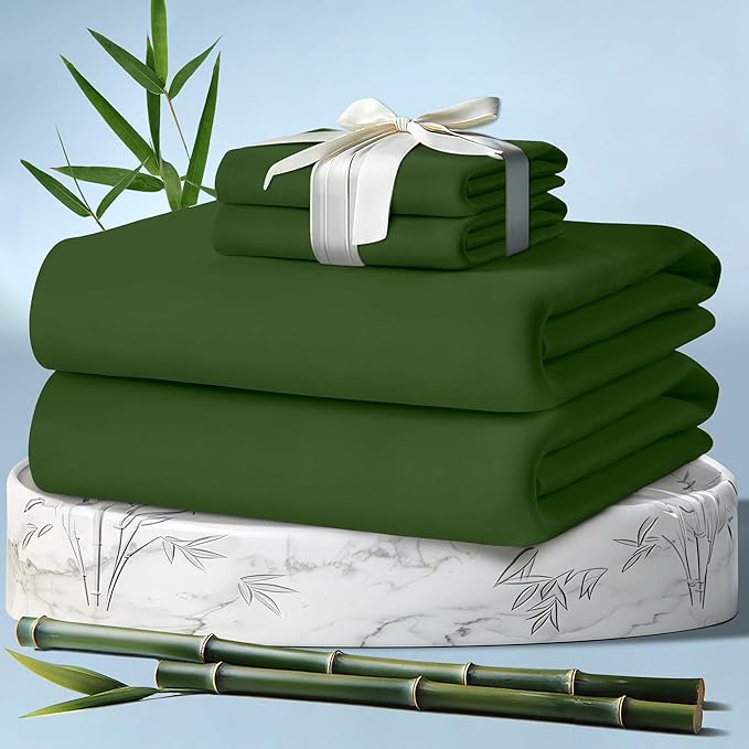DECOLURE 100% Viscose Derived from Bamboo Sheets Queen Size 4pcs - Ultra Soft & Luxuriously Cooling, 17" Deep Pocket, Double Stitching, Perfect for Hot Sleepers - Queen Bed Sheets (Olive)