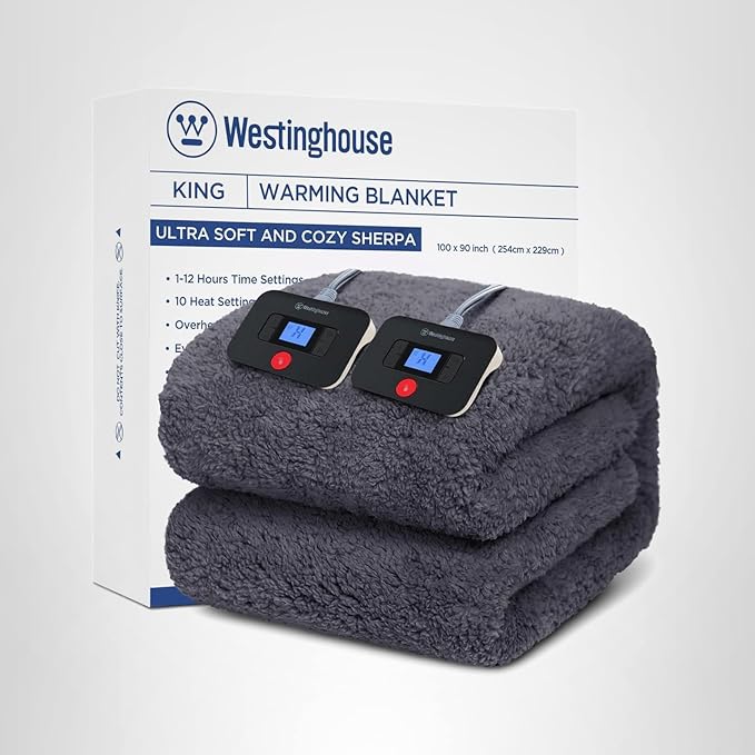 Westinghouse Electric Blanket King Size, Soft Plush Sherpa Heated Blanket with 10 Heating Levels & 1-12 Hours Auto-Off, Machine Washable, 100x90 inches, Darkgrey