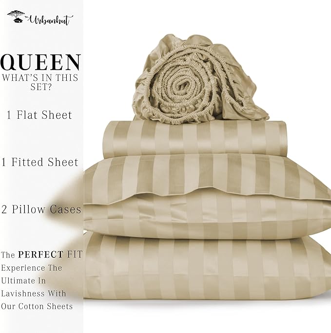 URBANHUT 1000 Thread Count Damask Striped Queen Size Egyptian Cotton Sheets, Long Staple Soft & Breathable, 4 Pc Bed Sheet Sets, Luxury Hotel Sateen Sheets Fits 16" Deep Pocket - Sand