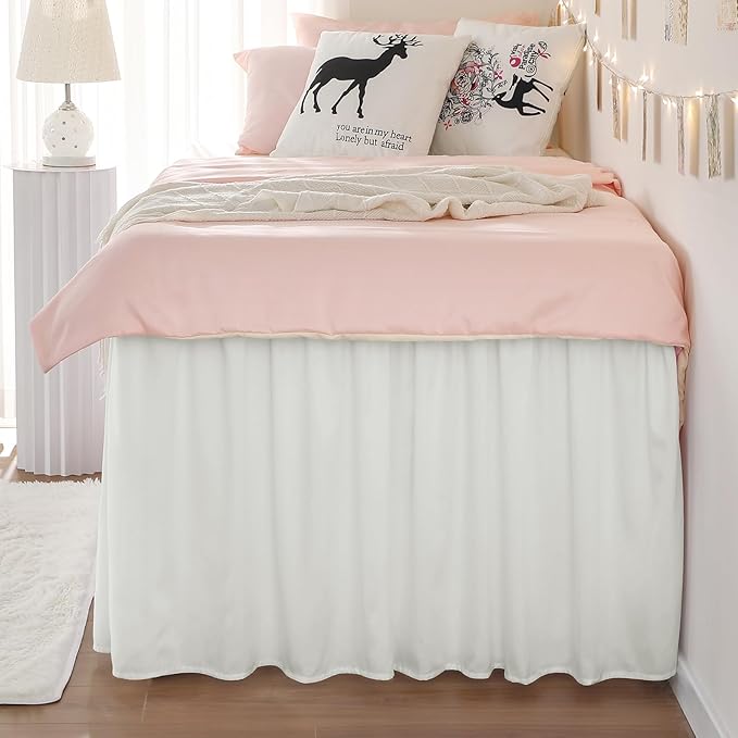 RIMELA Dorm Bed Skirt Twin XL 36 Inch Drop, Easy to Install Extra Long Wrap Around Elastic Dust Ruffle, Warm White Bedskirt Solid Silky Fabric Machine Washable (Twin XL 80“L x 39”W & Twin 75“L x 39”W)