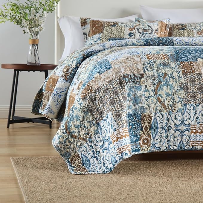 ENASAL Cotton Bedspread Quilt Bedding Sets Reversible Coverlet Comforters Blue Bohemian Rustic Floral Patchwork Pattern Bedspread for All Season,King Size