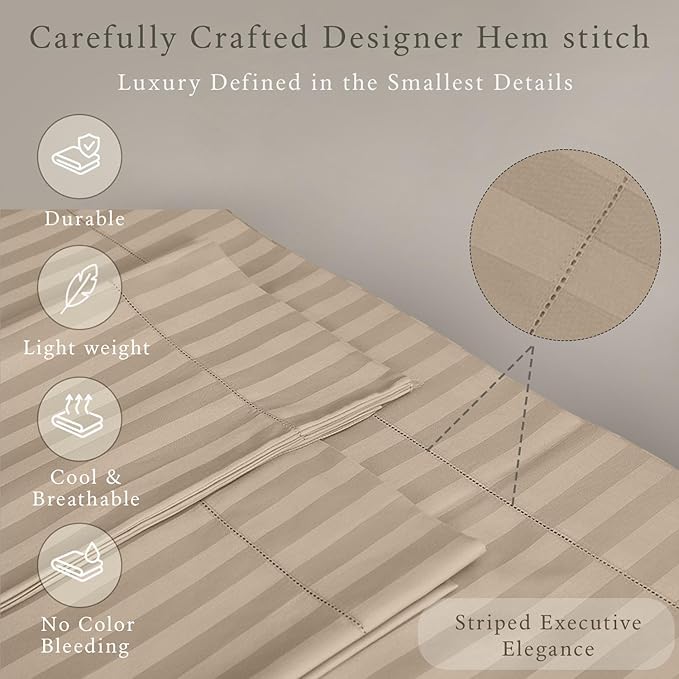 Threadmill 500 Thread Count Queen Size Damask Stripe, 4 Pc Luxury Cotton Bedding Set, Silky Smooth Light Beige Sheets with 16" Elasticized Deep Pocket, 2 Pillowcases & Free Tote Bag
