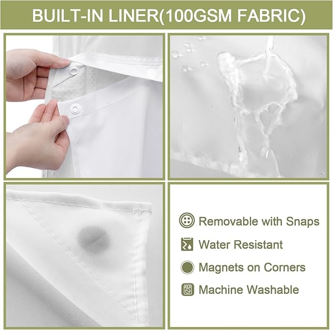 YellyHommy Waterproof Fabric Snap in Shower Curtain Liner Replacement with 2 Magnets 71" W x 61" L for 72" W x 81" L No Hook Shower Curtain - Removable & Detachable to Wash - White