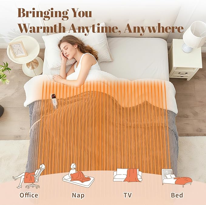 Electric Heated Blanket Full Size - 72"x84" Fast Heating Bed Blankets with 6 Heating Levels & 10 Hours Auto Off, Soft Ribbed Flannel Sherpa, Over-Heated Protection ETL, Light Gray