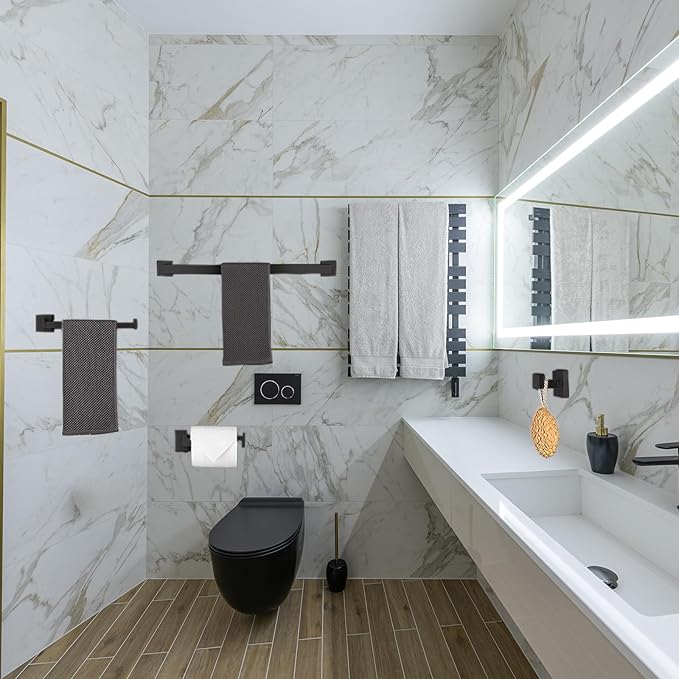 4-Piece Bathroom Hardware Set, Towel Rack Towel Bar Towel Holder Toilet Paper Holder Matte Black Towel Hooks Modern Square Stainless Steel Wall Mounted Bathroom Accessories Set (16inch)