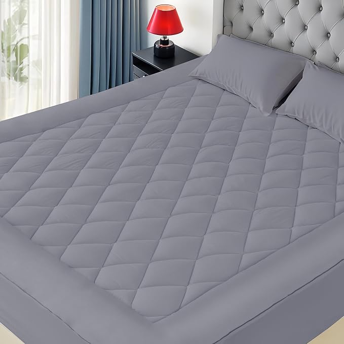Queen Size Mattress Pad Cotton Top Mattress Cover Quilted Fitted Mattress Protector with 18-22" Deep Pocket Down Alternative Fill Noiseless & Breathable (Queen, Dark Grey)
