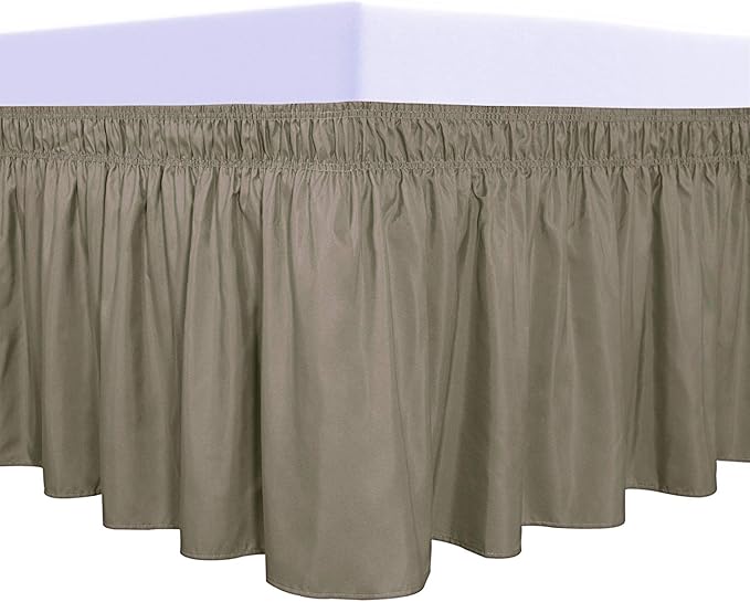 PureFit Wrap Around Ruffled Bed Skirt with Adjustable Elastic Belt - 18 Inch Drop Easy to Put On, Wrinkle Free Bedskirt Dust Ruffles, Bed Frame Cover for Queen, King and C-King Size Beds, Sand
