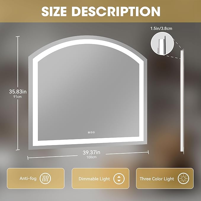 Hasipu 40x36 Inch LED Bathroom Mirror Arch Vanity Mirror with Lights Frontlit Smart Touch Sensor Dimmable 3 Colors Temperature Shatterproof Wall-Mounted Vanity Mirror Metal Frame