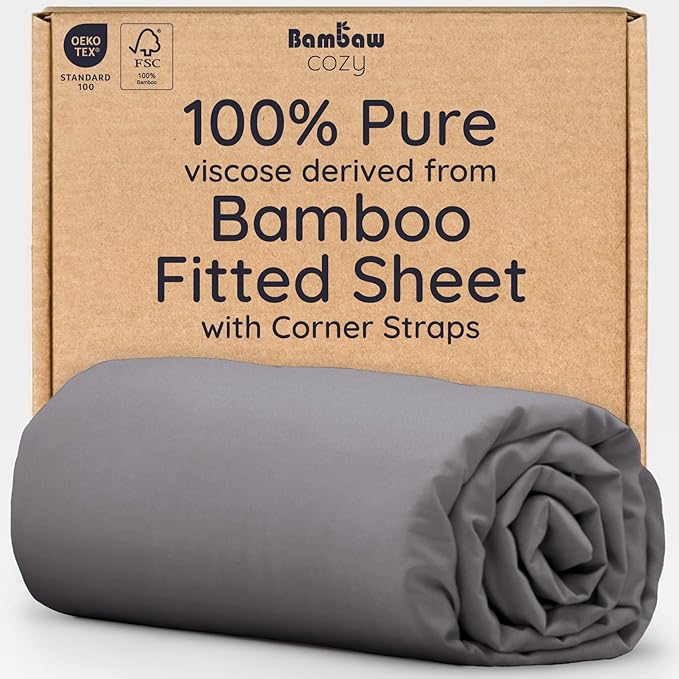 Bambaw 100% Viscose Derived from Bamboo Fitted Sheet Full Size, Cooling Fitted Sheets Only, Full Mattress Fitted Sheet Only, 15’’ Deep Gray Fitted Sheet Full, Soft Fitted Sheet with Straps (Dark Gray)