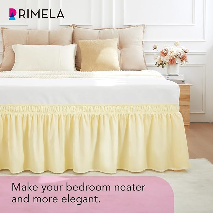 RIMELA Beige Yellow Bed Skirt Twin Size 15 Inch Drop, Elastic Bed Skirting for Bed Base and Frame, Bedding Dust Ruffle Easy to Install, Lightweight Wrap Around Adjustable Bedskirt