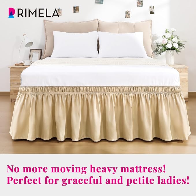 RIMELA Beige Bed Skirt Queen Size 15 Inch Drop, Wrap Around Elastic Bedskirt, Dust Ruffle for Adjustable Bed Base Machine Washable Easy to Install Bed Skirts