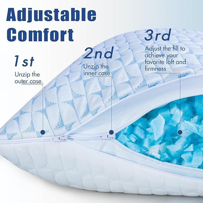 QUTOOL Firm Pillow Shredded Memory Foam(Adjustable Loft), Cooling Supportive Side Sleeper Pillows for Sleeping, Standard Size Set of 2, for Adults,CertiPUR-US Certified