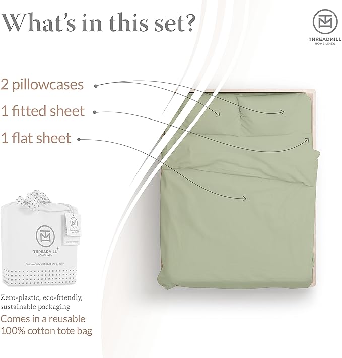 Threadmill - Hotel Luxury King Size Sheets 100% Cotton, 500 Thread Count Deep Pocket, Snug Fit, Soft & Crisp Cooling Hotel-Quality Bedsheets 4 Piece Set Sage Green