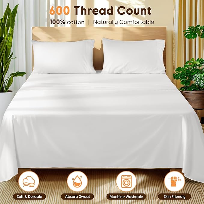 LBRO2M 100% Cotton Sheets Set Queen Size 600 Thread Count 4 Piece Sets Bed Sheet Deep Pocket Up to 16" Soft Comfortable All Season (Queen, White)