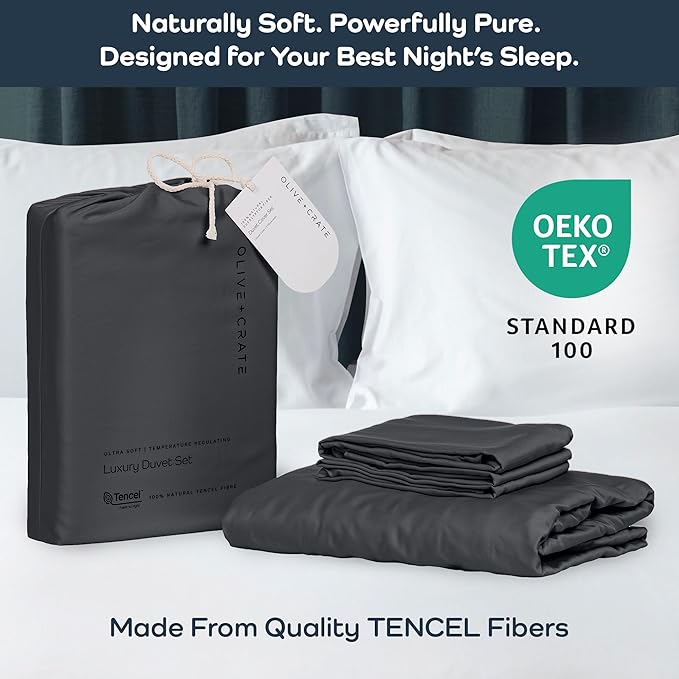 Olive + Crate Tencel Eucalyptus Cooling Duvet Cover Set - Hypoallergenic, Lyocell Tencel Duvet Cover - Temperature Regulating with Hidden Button Closure & Corner Ties - California King [Charcoal]