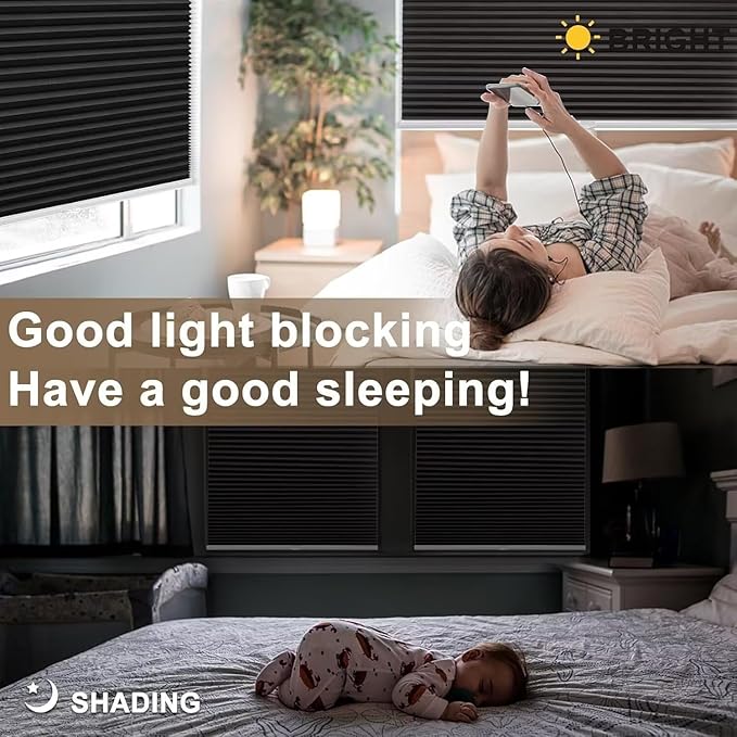 MYshade 1.5-Inch Cellular Cordless Blackout Shades,Thermal Insulating Noise Reducing Waterproof Blinds,Honeycomb Window Treatments for Indoor Light Control (Black-47 W x 72" H)