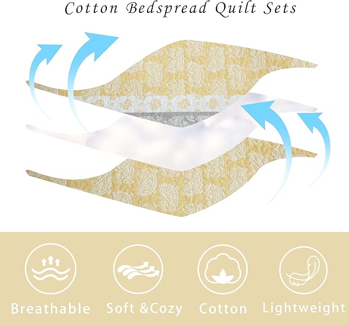 Quilt King Size, Cotton King Size Comforter Set, Yellow Grey White Bedding, Farmhouse Striped Bed Set, Lightweight Bedspread All Seasons 3 Piece