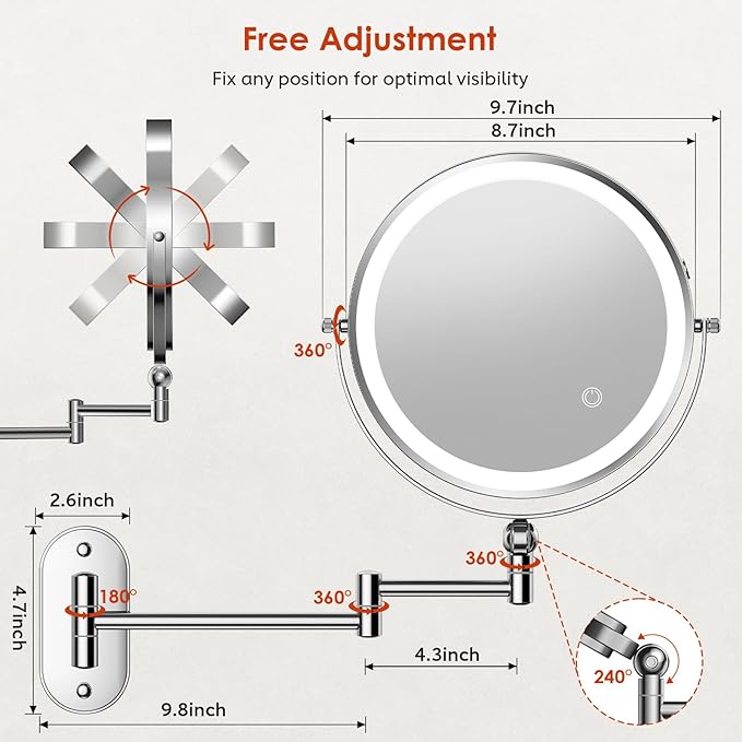 9" Wall Mounted Lighted Makeup Mirror,4000mAh Rechargeable Double Sided 1X/30X Magnifying Mirror with Light,Touch Dimmable,Extended Arm 360 Rotation Wall Mounted Makeup Mirror 3 Color Lights-C