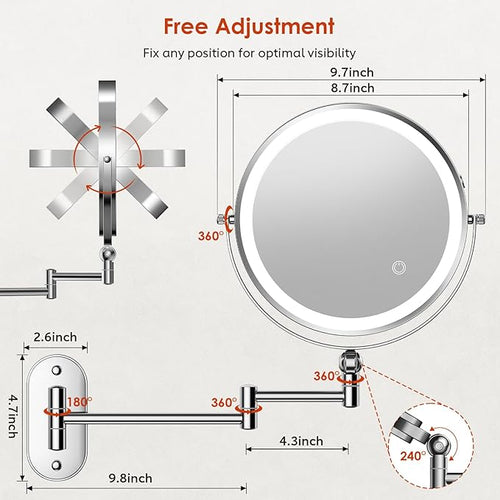 9" Wall Mounted Lighted Makeup Mirror,4000mAh Rechargeable Double Sided 1X/30X Magnifying Mirror with Light,Touch Dimmable,Extended Arm 360 Rotation Wall Mounted Makeup Mirror 3 Color Lights-C