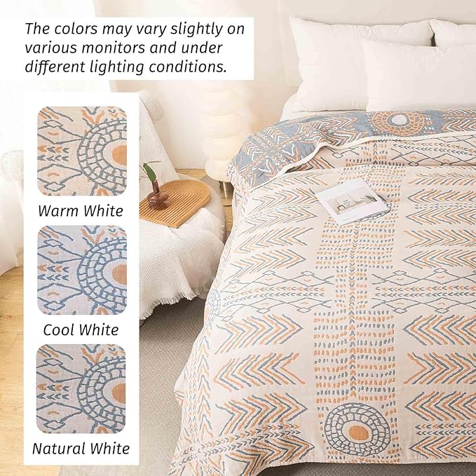 Qidordour Boho Throw Blanket, 60"x80" Muslin Blankets, 100% Organic Cotton Blanket for Couch Sofa, Lightweight Quilt, All Season Bed Throw, Farmhouse Home Decor, D-Indian Arrowhead