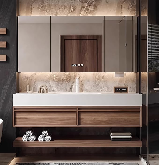 88" Bathroom Vanity, Floating Bathroom Vanity with Sink, Solid Wood Vanities with Smart Defogging Mirror Cabinet, Slate Countertop and Faucet, Wall Mount Bath Furniture Cabinet with Drawers (Walnut)