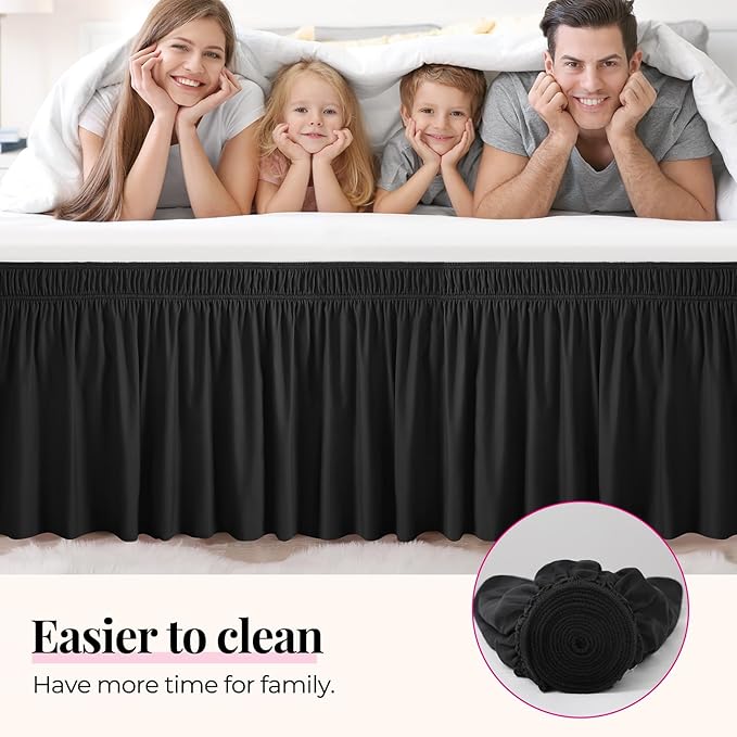 RIMELA Bed Skirting Queen Size Black Bed Skirt 25 Inch Drop, Wrap Around Elastic Adjustable Bedskirt, Dust Ruffle for Bed Frame & Box Spring Soft Durable Fabric Machine Washable Easy to Install