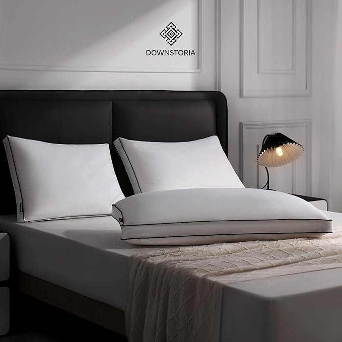 Feather Down Pillows Queen Size Set of 2 with Gusset, Luxury Hotel Collection Bed Pillow 2 Pack, Down Surrounded Gusseted Pillows for Sleeping, Firm for Side, Back Sleepers 20x30 in.