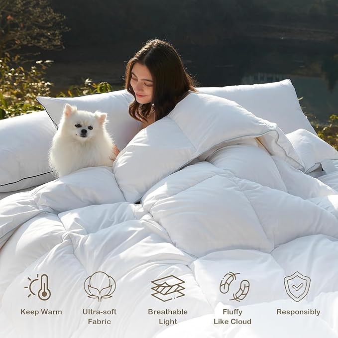 DWR Luxury Down Feather Fibers Comforter Full/Queen, Hotel-Style Fluffy Duvet Insert, Ultra-Soft Cotton Blend Fabric, High Fill Power 46oz Medium Weight for All Season(90x90, White)