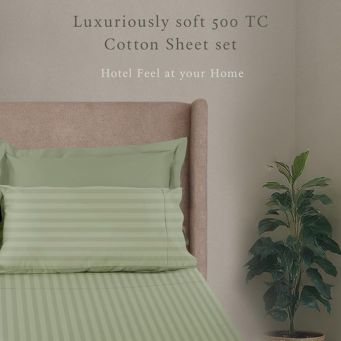 Threadmill 500 Thread Count Twin-XL Size Damask Stripe, 3 Pc Luxury Cotton Sheet Set, Breathable Sage Green Sheets with 15" Elasticized Deep Pocket, 1 Pillowcase & Free Tote Bag