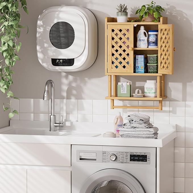 AmazerBath Bathroom Wall Cabinets, Bamboo Medicine Cabinet with Grille Door, Over The Toilet Storage Cabinet with Towel Bar, Wall Mounted Cabinet with Adjustable Shelves for Small Spaces