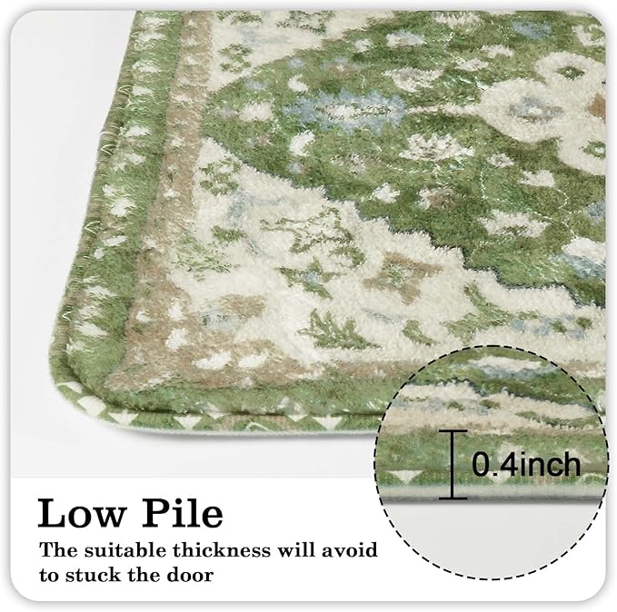 Uphome Boho Retro Large Bathroom Rugs Sage Green Non-Slip Soft Bedroom Runner Rug Oriental Floral Machine Washable Kitchen Rug Cute Farmhouse Floral Carpet for Hallway Laundry Kids Room, 24x59 inch