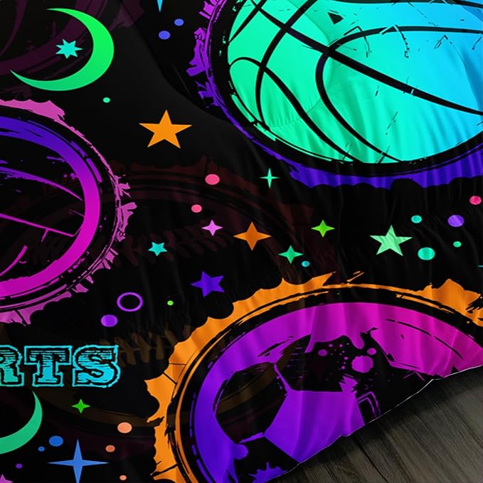 Ball Games Bedding Basketball Football Baseball Full Comforter Set,Colorful Neon Stars and Moon Bedding Set for Kids Girls Boys Room Decor,Sports Aesthetic Bedding Sets with 2 Pillowcases.