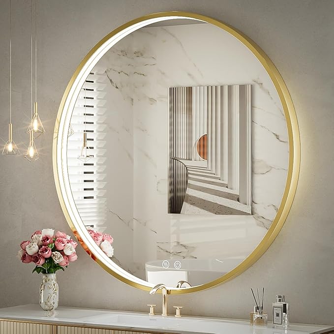 32" Round LED Bathroom Mirror, Dimmable Anti-Fog Vanity Mirror with Touch Control, 6000K Natural Light, Gold Metal Frame, Wall Mounted for Makeup Shaving (IP54, 90+ CRI)