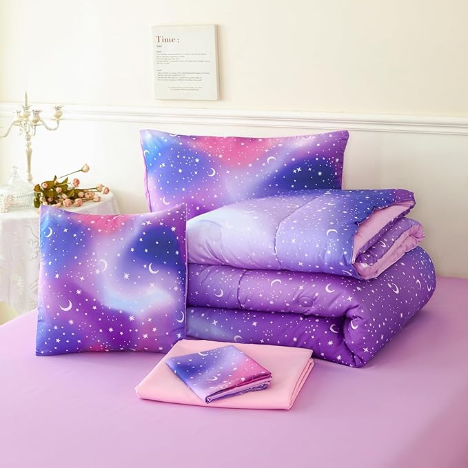 URBONUR 6Pcs Glitter Comforter Set for Girls Queen Size Colorful Gradient Galaxy Bedding Set Kids Teen Comforter Sets Bed in A Bag Queen (Purple Blue)