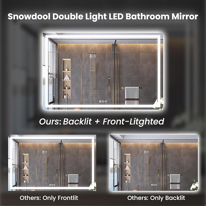 60"X30" LED Bathroom Mirror with Front Lights and Backlit, Anti-Fog, Dimmable, Shatter-Proof Tempered Glass, Lighted Bathroom Vanity Mirror for Wall with 3 Colors, Memory Function