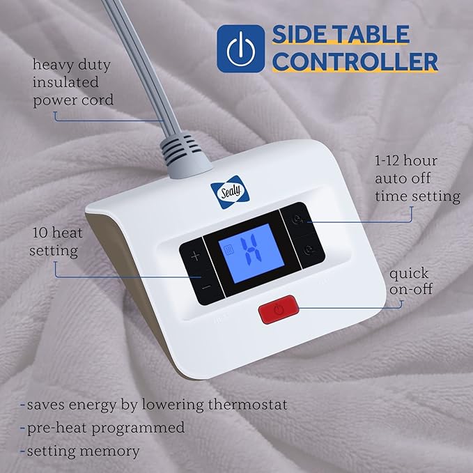 Sealy Heated Electric Blanket Twin Size, Flannel Electric Blanket with 10 Heating Levels & 1-12 Hours Auto Shut Off, Fast Heating Warming Blanket, Machine Washable, Grey, 62 x 84 Inch