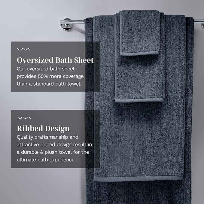 LUXOME Luxury Performance 4-Piece Hand Towel Set | Patented Quick-Dry Tech | Ultra Soft | 16" W x 30" L | Fossil (Charcoal)