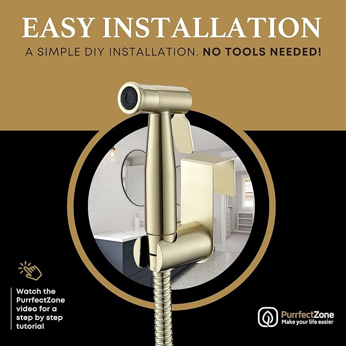 Purrfectzone Bidet Sprayer for Toilet, Handheld Bidet Sprayer Kit, Easy-to-Install Toilet Handheld Shower, Hand Held Stainless Steel Shattaf with Adjustable Flow, Cloth Diaper Set-Brushed Gold
