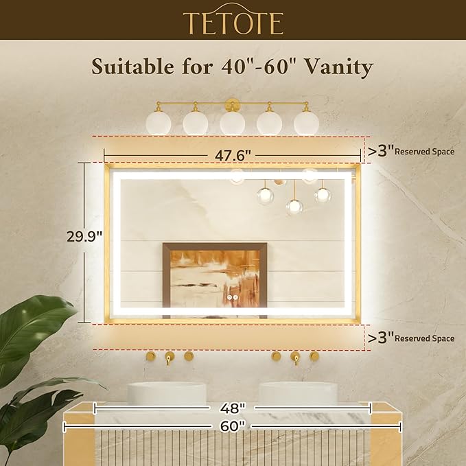 TETOTE 48 x 30 Bathroom Mirror Brushed Gold Metal Frame Frontlit & Backlit Vanity Mirror 3 Colors White/Warm/Natural Stepless Dimmable Anti-Fog Bathroom Mirrors for Vanity Wall-Mounted