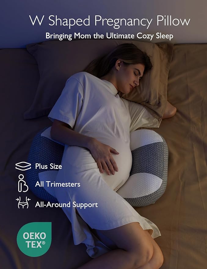 Momcozy Plus W Shaped Pregnancy Pillow for Sleeping - Adjustable Maternity Pillow for Side Sleepers - Portable Wedge Belly Support -Compact Design for Back Belly and HIPS, Grey White