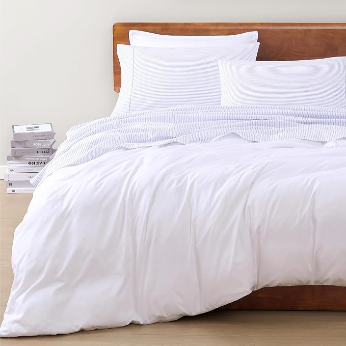 LANE LINEN 100% Organic Cotton Sheet Sets Queen Size, 4Pc Queen Size Cotton Sheets, Hotel Style Sheets, Bedding Sheets & Pillowcases, Queen Sheet Sets Deep Pockets Fits Upto 15" - Blue Ticking Stripe