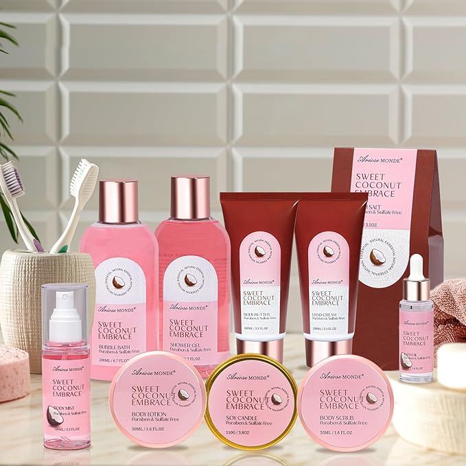 Gift Baskets for Women, Spa Gifts for Women - 17pcs Coconut Spa Gift Set with Body Lotion, Bubble Bath, Relaxing Bath Set, Birthday Christmas Gifts for Her