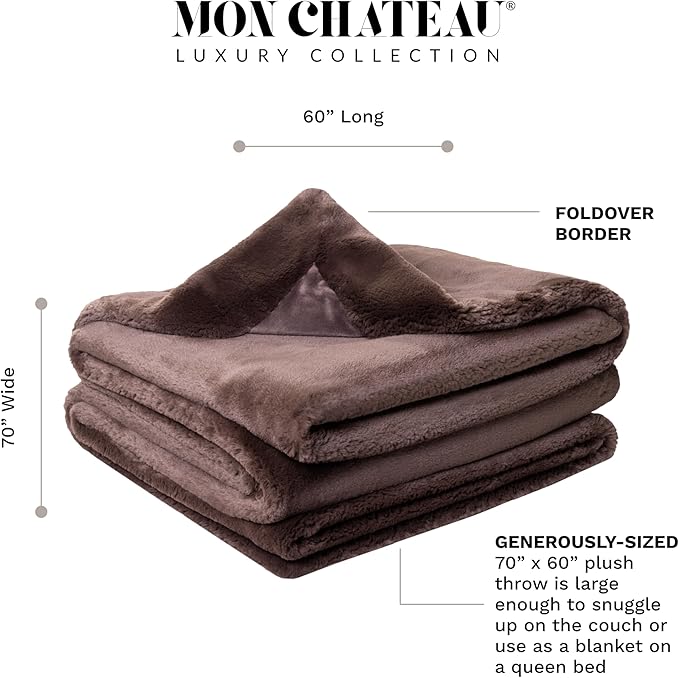 Mon Chateau 60" x 70" Embrace Foldover Faux Fur Throw, Plush Throw with 6cm Foldover for Couch, Sofa, or Bed, Ultra Soft Blanket for Sleeping or Home Decor, Chestnut