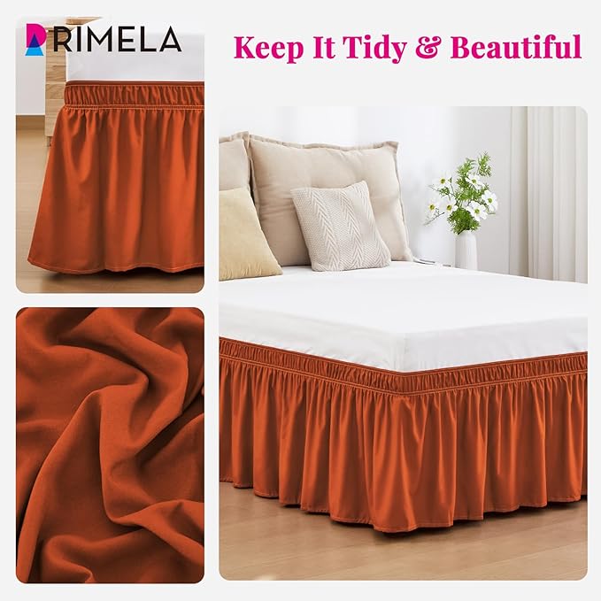 RIMELA Orange Yellow Bed Skirt Queen 15 Inch Drop, Elastic Bed Skirts Queen Size Dust Ruffle, Bedskirt for Adjustable Bed Base, Wrinkle & Fade Resistant Silky Luxurious Fabric Easy to Install