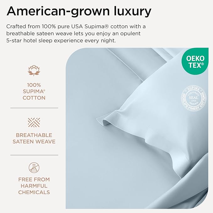 Threadmill Supima Cotton Queen Sheet Set, 1000 Thread Count Queen Sheets for Queen Mattresses, 4 Piece American Luxury Bed Sheets, Sateen Hotel Quality Sheets with Elasticized Deep Pocket, Light Blue