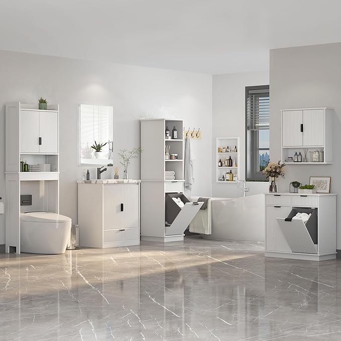 Bathroom Over The Toilet Storage Cabinet,Farmhouse Over The Toilet Storage with 2 Wave-Pattern Doors and Open Storage Shelf,Space Saver Behind Toilet Bathroom Organizer for Restroom/Laundry