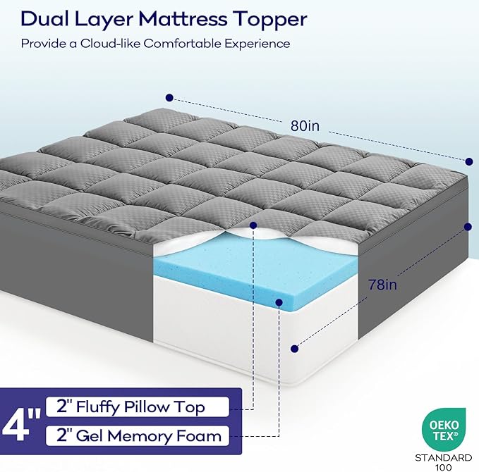 OLANLY Dual-Layer 4 Inch King Size Memory Foam Mattress Topper for Back Pain, 2 Inch Cooling Pillow Top Mattress Pad Cover and 2 Inch Gel Memory Foam Topper, Deep Elastic Pocket, Grey