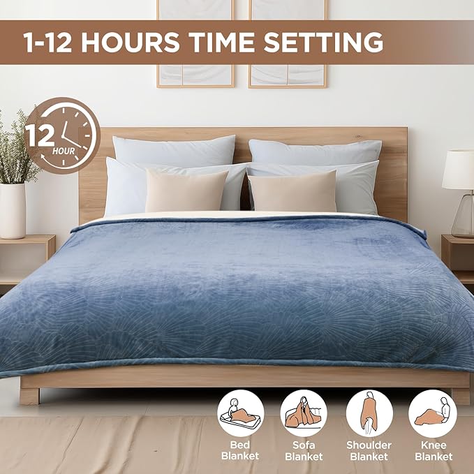 Westinghouse Electric Blanket Queen, Flower Jacquard Heated Blanket Queen Size with 10 Heating Levels and 1-12 Hours Auto-Off, Flannel to Sherpa Reversible, Machine Washable (84" x 90", Blue)