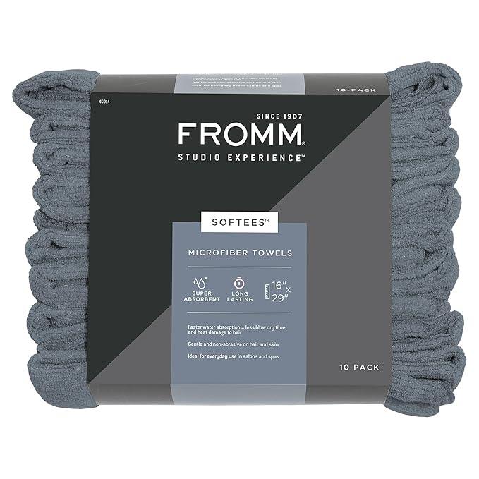 Fromm Softees Microfiber Salon Hair Towels for Hairstylists, Barbers, Spa, Gym in Granite Blue, 16" by 29", 10 Count Perfect Hair Care Towel for Drying Curly, Long, Wavy Hair